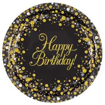 Oaktree Happy Birthday Sparkling Fizz Black & Gold 9inch/23cm Plates 8pcs - Partyware